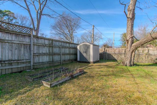 view of yard with a fenced backyard, a vegetable garden, an outdoor structure, and a storage shed