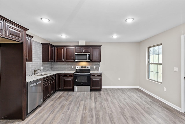 1914 Dennison St, Little Rock, AR 72202 - kitchen featuring light wood finished floors, a sink, appliances with stainless steel finishes, and dark brown cabinetry