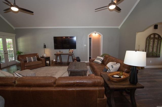 102 Cordell Rd, Beebe, AR 72012 - living area featuring ceiling fan, crown molding, arched walkways, and wood finished floors