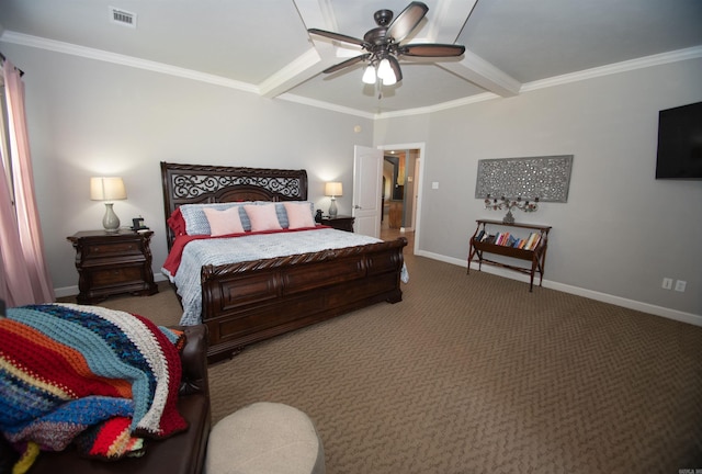 102 Cordell Rd, Beebe, AR 72012 - carpeted bedroom featuring baseboards, ornamental molding, ceiling fan, visible vents, and beamed ceiling