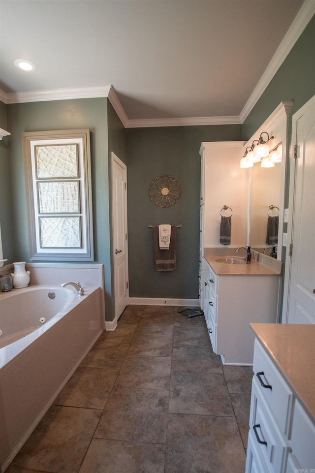 102 Cordell Rd, Beebe, AR 72012 - bathroom with crown molding, baseboards, a bath, and vanity