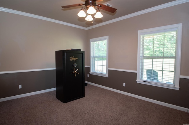 102 Cordell Rd, Beebe, AR 72012 - carpeted empty room with a ceiling fan, ornamental molding, visible vents, and baseboards