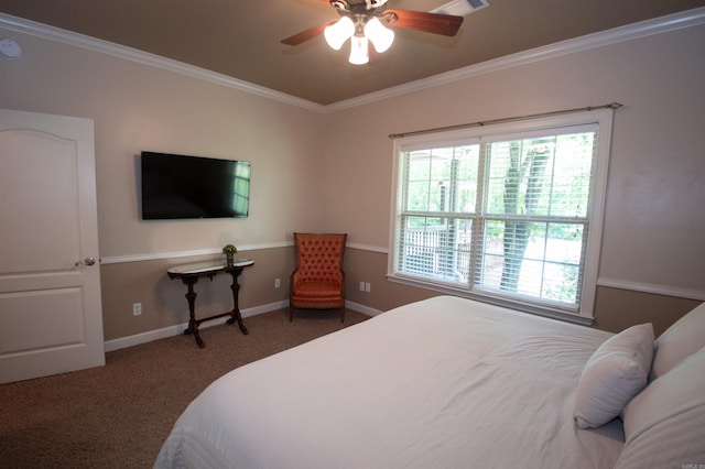 102 Cordell Rd, Beebe, AR 72012 - carpeted bedroom with ceiling fan, visible vents, baseboards, and ornamental molding