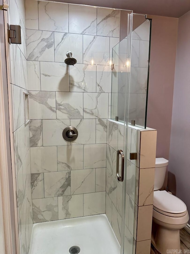 bathroom featuring toilet and a stall shower