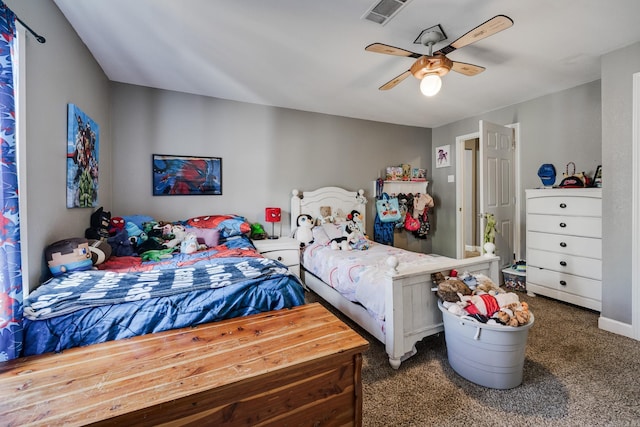 bedroom featuring visible vents, ceiling fan, and carpet floors