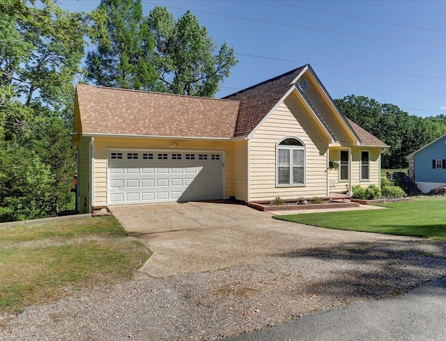 view of front facade with concrete driveway, a front lawn, a shingled roof, and a garage