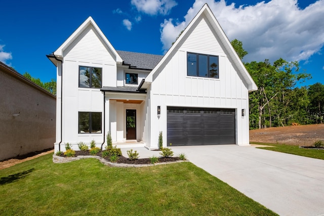 modern farmhouse style home with an attached garage, driveway, a front lawn, board and batten siding, and a shingled roof