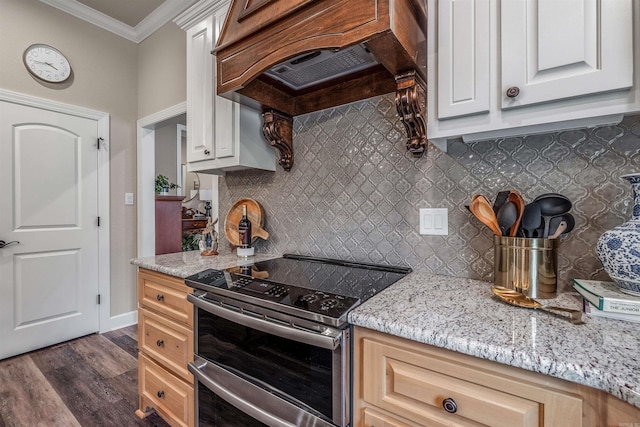 74 Greystone Blvd, Cabot, AR 72023 - kitchen with custom exhaust hood, crown molding, decorative backsplash, range with two ovens, and dark wood-style floors