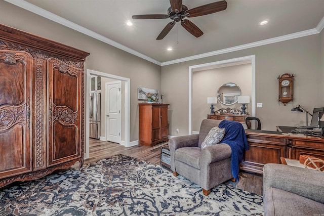 74 Greystone Blvd, Cabot, AR 72023 - interior space featuring light wood finished floors, ornamental molding, ceiling fan, and recessed lighting