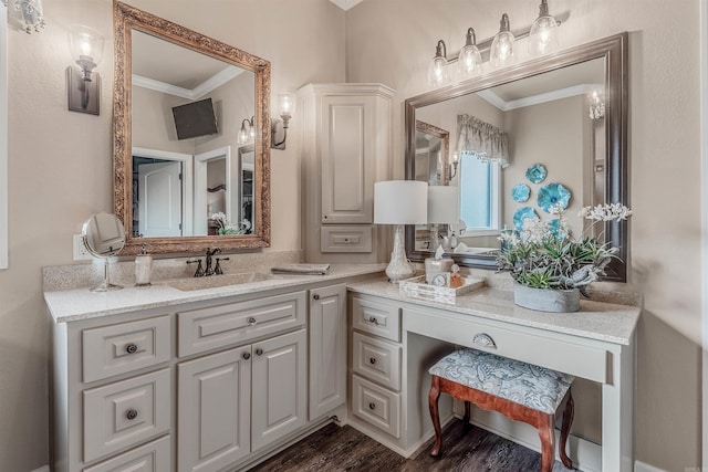 74 Greystone Blvd, Cabot, AR 72023 - bathroom featuring crown molding, wood finished floors, and vanity