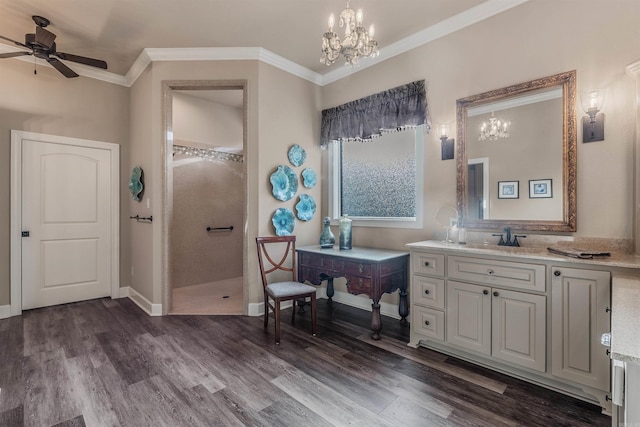 74 Greystone Blvd, Cabot, AR 72023 - bathroom with walk in shower, crown molding, vanity, and wood finished floors
