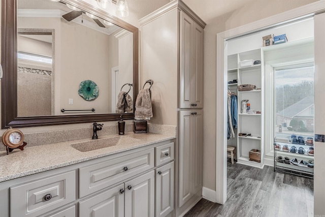 74 Greystone Blvd, Cabot, AR 72023 - bathroom with ornamental molding, vanity, a walk in closet, and wood finished floors