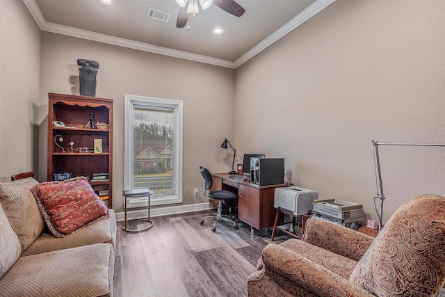74 Greystone Blvd, Cabot, AR 72023 - home office featuring wood finished floors, a ceiling fan, crown molding, visible vents, and baseboards