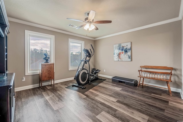 74 Greystone Blvd, Cabot, AR 72023 - exercise room featuring ceiling fan, ornamental molding, baseboards, and dark wood-type flooring