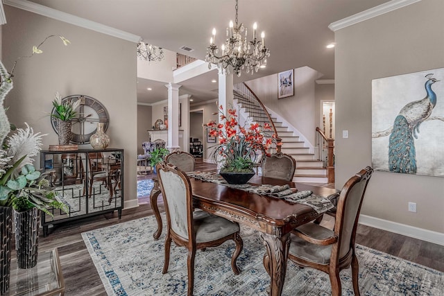 74 Greystone Blvd, Cabot, AR 72023 - dining room featuring wood finished floors, ornate columns, stairway, baseboards, and ornamental molding
