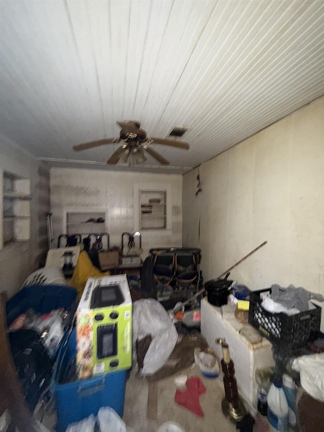 bedroom featuring a ceiling fan, visible vents, and wooden ceiling
