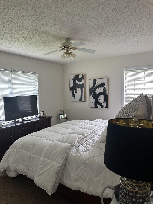 bedroom with multiple windows, ceiling fan, and a textured ceiling