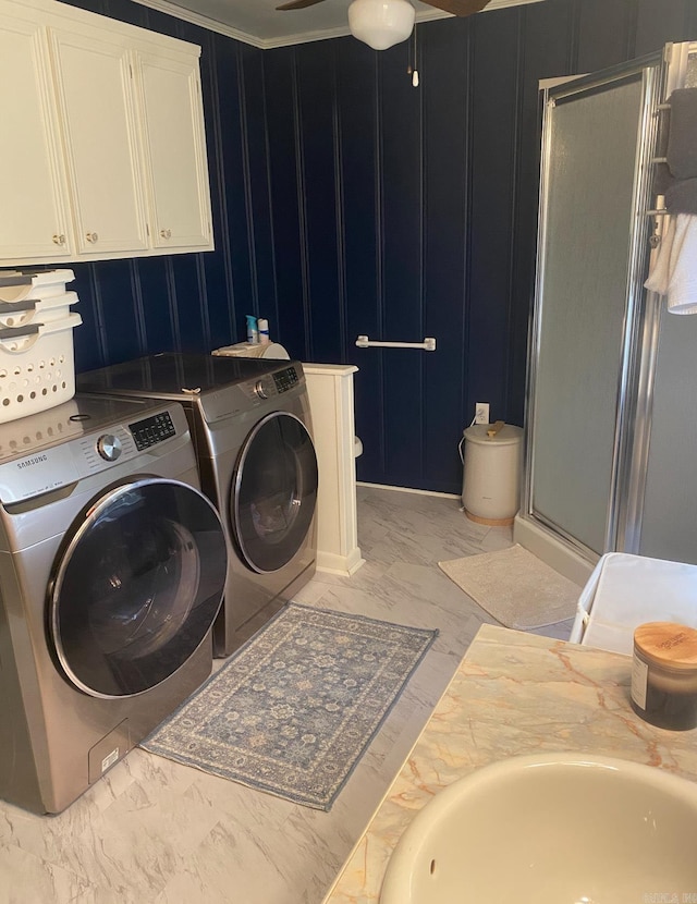 804 Elm St, Smackover, AR 71762 - laundry area with independent washer and dryer, light marble finish flooring, and a ceiling fan