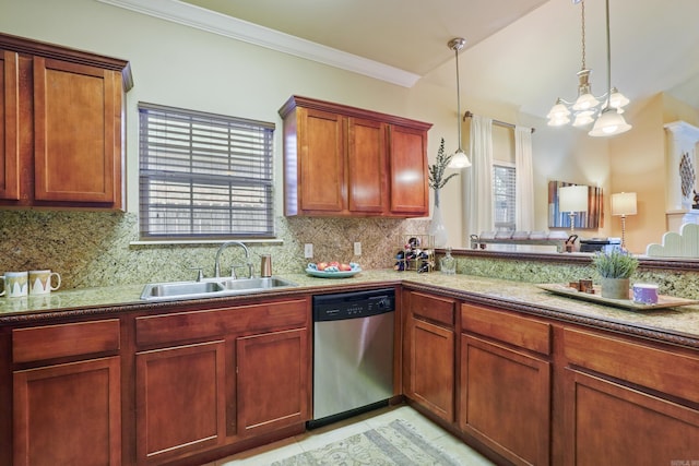 kitchen featuring a sink, stainless steel dishwasher, a chandelier, tasteful backsplash, and ornamental molding