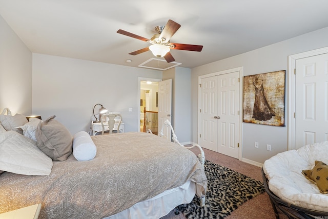 bedroom with baseboards, carpet flooring, and ceiling fan
