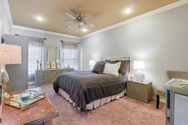 bedroom with crown molding, recessed lighting, and carpet