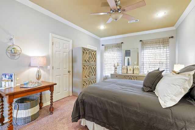 bedroom with crown molding, carpet floors, visible vents, and recessed lighting