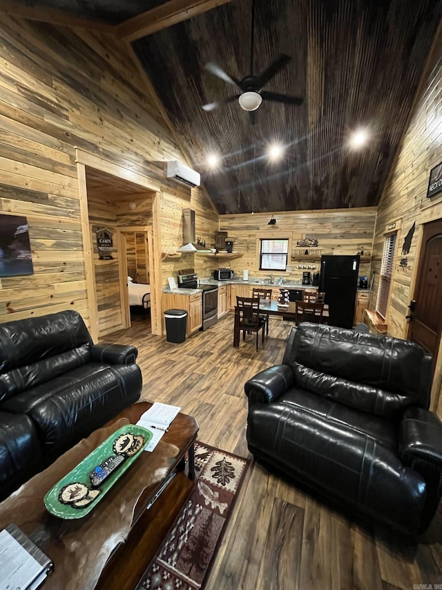 892 Hwy 375 E, Mena, AR 71953 - living room featuring an AC wall unit, ceiling fan, wooden walls, high vaulted ceiling, and dark wood-style floors