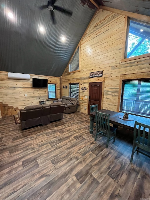892 Hwy 375 E, Mena, AR 71953 - living area with a ceiling fan, wood walls, high vaulted ceiling, and wood finished floors