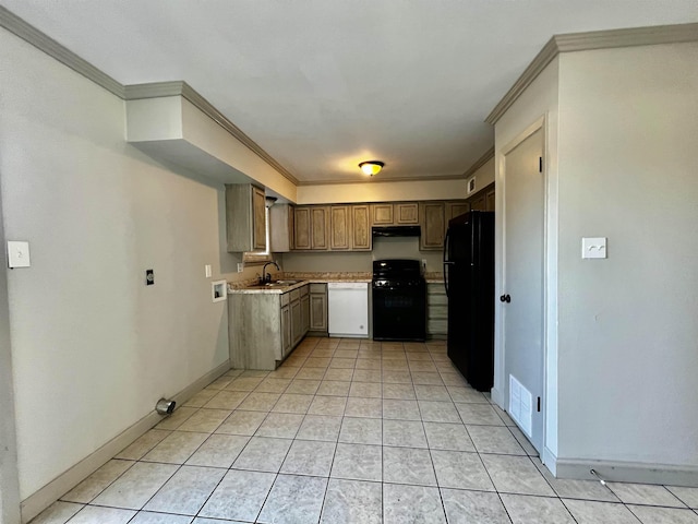 1906 W Matthews Ave, Jonesboro, AR 72401 - kitchen with under cabinet range hood, ornamental molding, light countertops, and black appliances