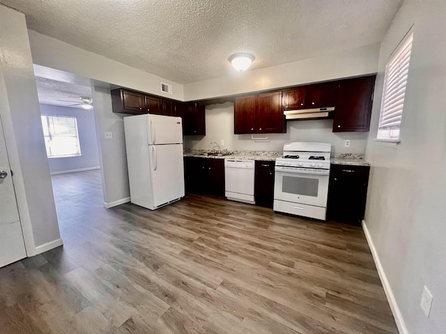 1906 W Matthews Ave, Jonesboro, AR 72401 - kitchen featuring a textured ceiling, white appliances, under cabinet range hood, and baseboards