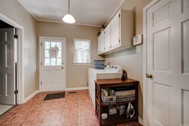 1494 N Miller Point Rd, Quitman, AR 72131 - laundry area with washer and clothes dryer, cabinet space, crown molding, brick patterned floor, and baseboards