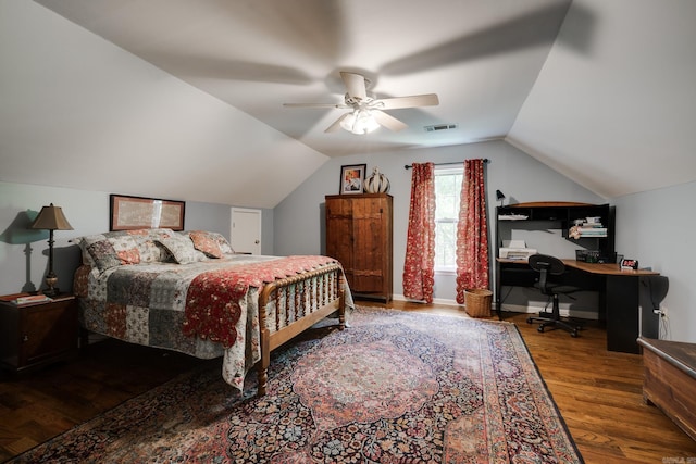 1494 N Miller Point Rd, Quitman, AR 72131 - bedroom featuring vaulted ceiling, ceiling fan, visible vents, and wood finished floors