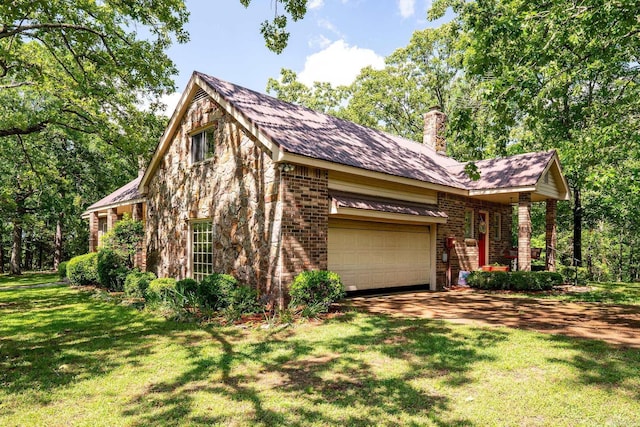 1494 N Miller Point Rd, Quitman, AR 72131 - view of home's exterior with a garage, a chimney, a yard, driveway, and brick siding