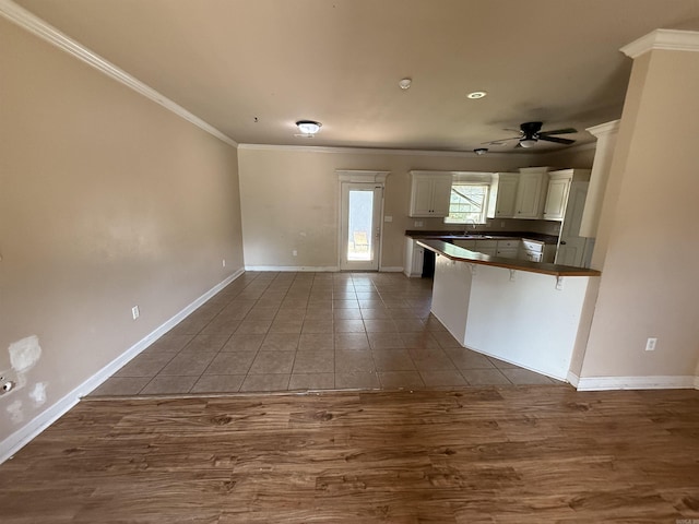 13506 Dynasty Dr, Alexander, AR 72002 - kitchen featuring a ceiling fan, a sink, dark countertops, white cabinets, and ornamental molding