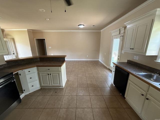 13506 Dynasty Dr, Alexander, AR 72002 - kitchen featuring ornamental molding, black appliances, white cabinetry, light tile patterned floors, and dark countertops