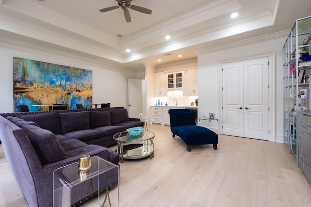 44 Deauville Cir, Little Rock, AR 72223 - living area with light wood-style flooring, crown molding, a raised ceiling, ceiling fan, and recessed lighting