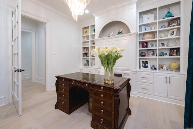44 Deauville Cir, Little Rock, AR 72223 - home office with a notable chandelier, crown molding, light wood-type flooring, and built in shelves