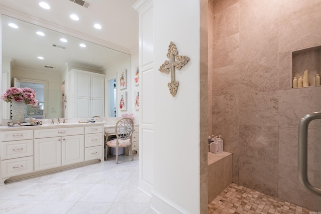 44 Deauville Cir, Little Rock, AR 72223 - bathroom featuring recessed lighting, tile patterned flooring, tiled shower, vanity, and crown molding