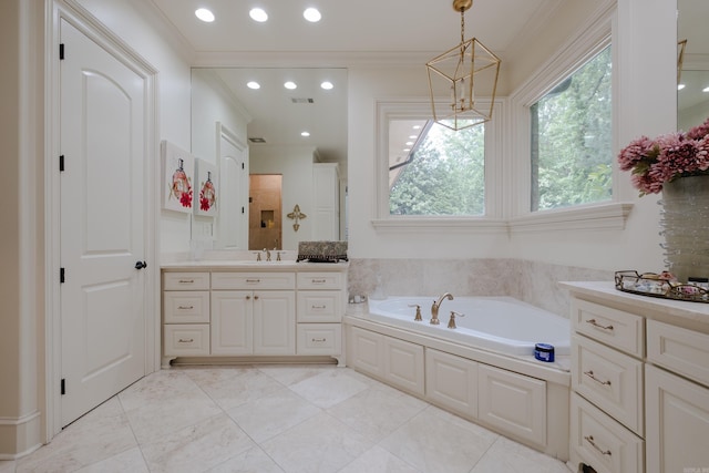 44 Deauville Cir, Little Rock, AR 72223 - bathroom featuring ornamental molding, a bath, a tile shower, vanity, and a chandelier
