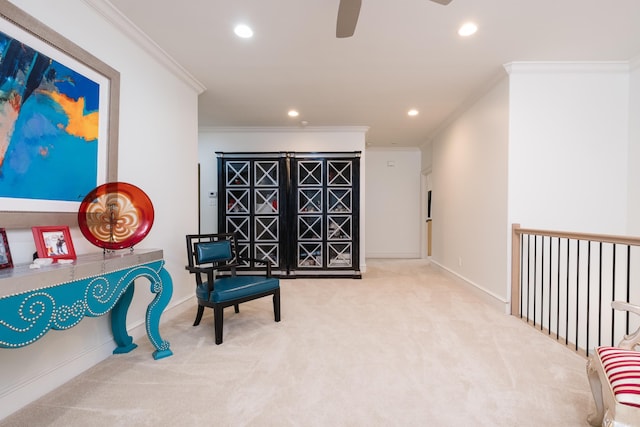44 Deauville Cir, Little Rock, AR 72223 - sitting room with recessed lighting, crown molding, a ceiling fan, and carpet floors
