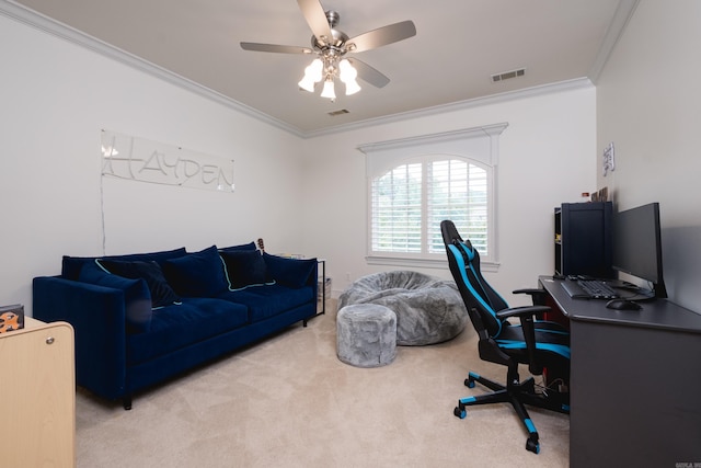 44 Deauville Cir, Little Rock, AR 72223 - carpeted office space featuring visible vents, a ceiling fan, and ornamental molding