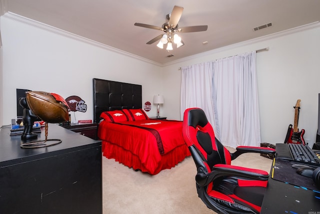 44 Deauville Cir, Little Rock, AR 72223 - bedroom featuring light colored carpet, crown molding, visible vents, and a ceiling fan