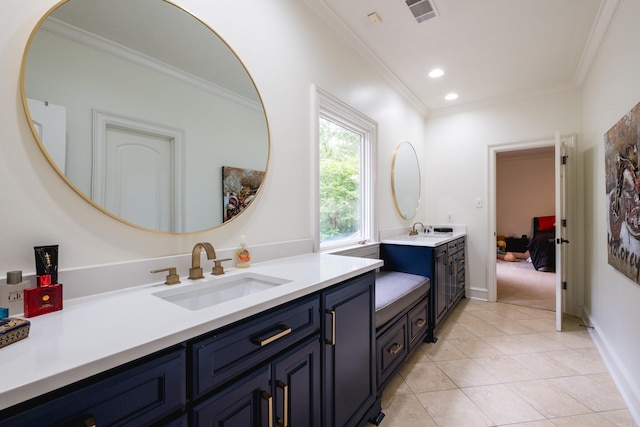 44 Deauville Cir, Little Rock, AR 72223 - bathroom featuring vanity, visible vents, recessed lighting, crown molding, and tile patterned flooring
