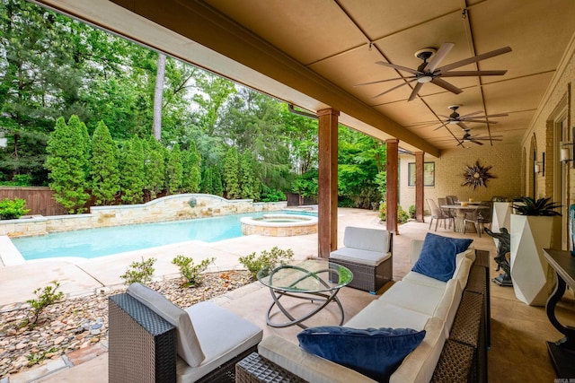 44 Deauville Cir, Little Rock, AR 72223 - view of patio / terrace featuring a ceiling fan, an outdoor living space, outdoor dining space, a pool with connected hot tub, and a fenced backyard