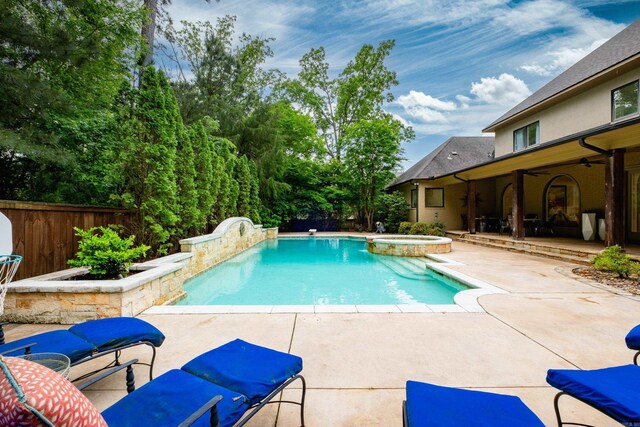 44 Deauville Cir, Little Rock, AR 72223 - view of pool featuring a pool with connected hot tub, a patio area, a ceiling fan, and fence