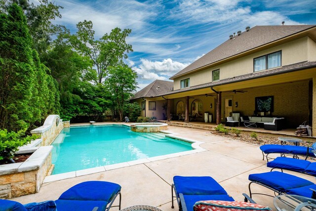 44 Deauville Cir, Little Rock, AR 72223 - view of swimming pool with a pool with connected hot tub, ceiling fan, a patio, and outdoor lounge area