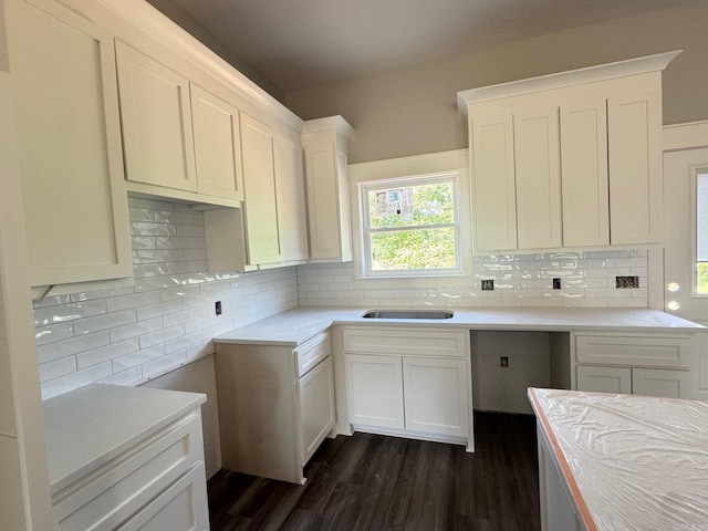 kitchen with backsplash, dark wood-style flooring, and plenty of natural light