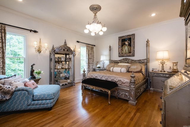 102 Falata Cir, Little Rock, AR 72223 - bedroom with wood finished floors, ornamental molding, recessed lighting, a chandelier, and baseboards