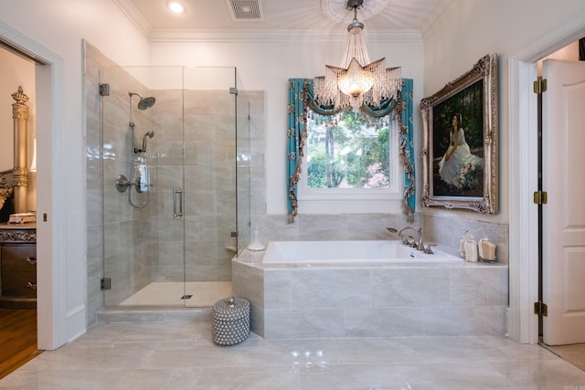 102 Falata Cir, Little Rock, AR 72223 - bathroom with visible vents, an inviting chandelier, crown molding, a shower stall, and a garden tub