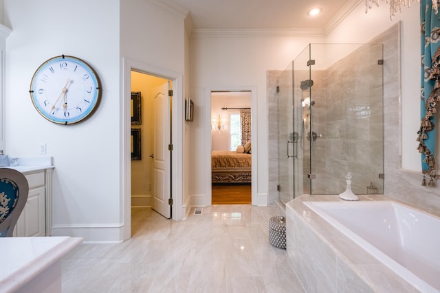 102 Falata Cir, Little Rock, AR 72223 - bathroom with ornamental molding, baseboards, a stall shower, connected bathroom, and a garden tub